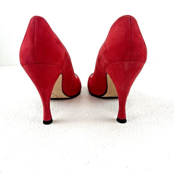 Women's 9N Red Peep Toe Mob Wife Career Chic Preppy Delman Suede Pumps Heels - Picture 6 of 13